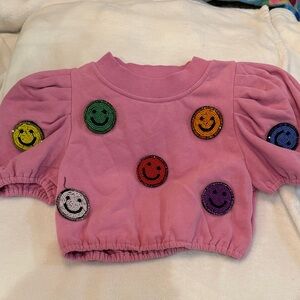 Pink Puff Sleeve Top with Smiley Patches